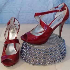 Strappy, dark red patent heels